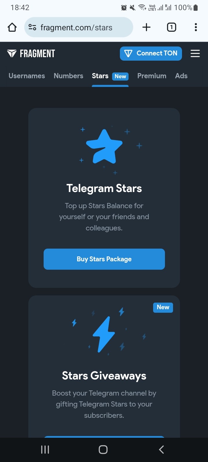 Покупка звезд через платформу Fragment