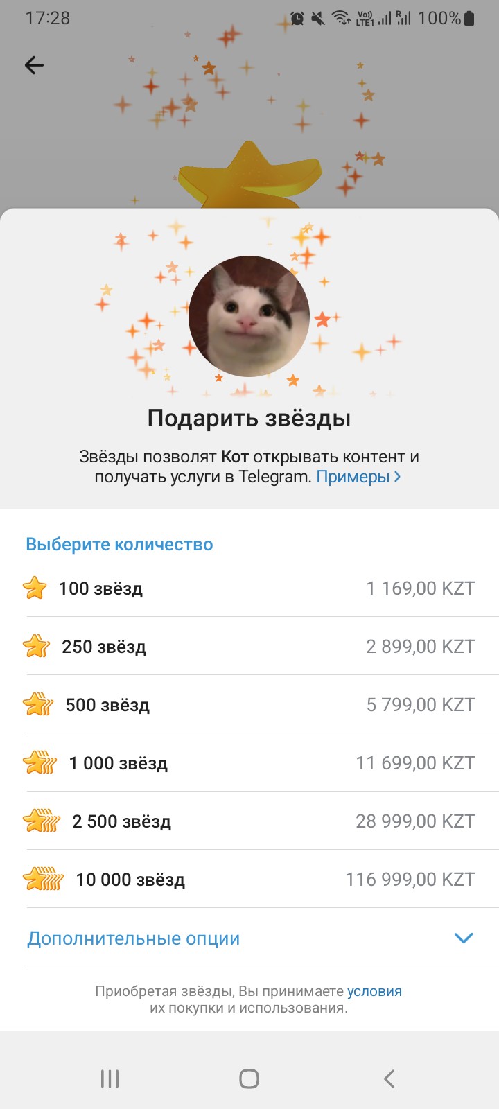 Экран покупки звёзд в качестве подарка